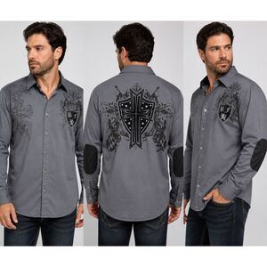 Bare Fox Men’s 3XL Gray Western Snap Shirt Cross Studded Biker Graphic